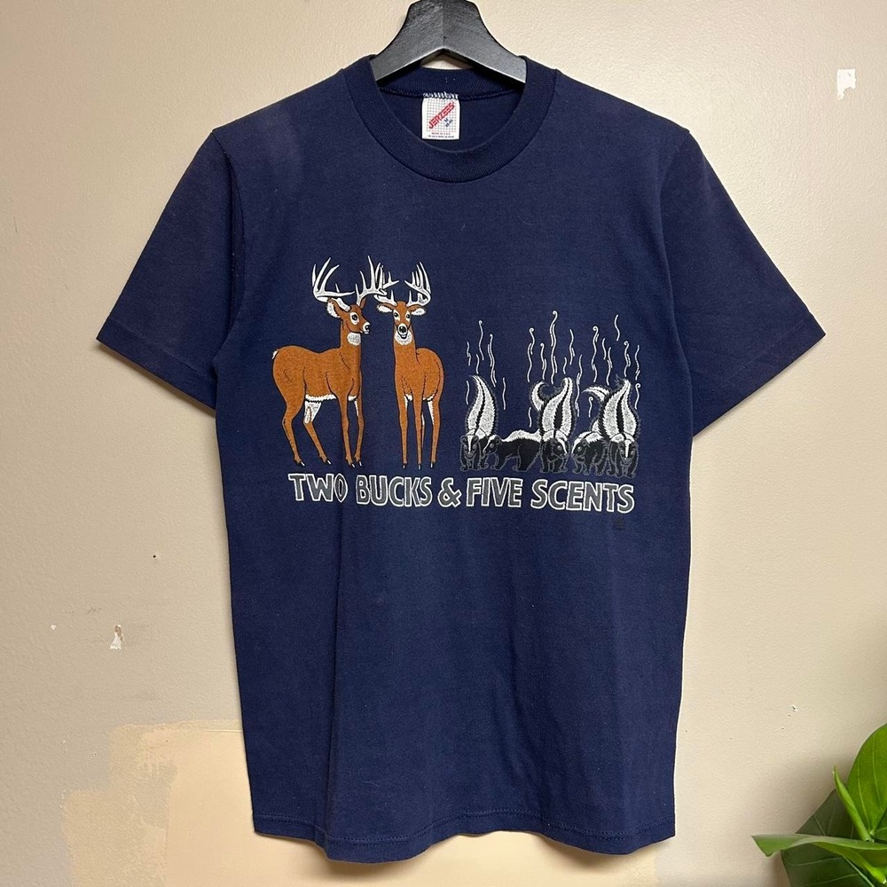 Vintage 90s Jerzees Two Bucks & Five Scents Funny Humor Deer Navy T-Shirt Mens L